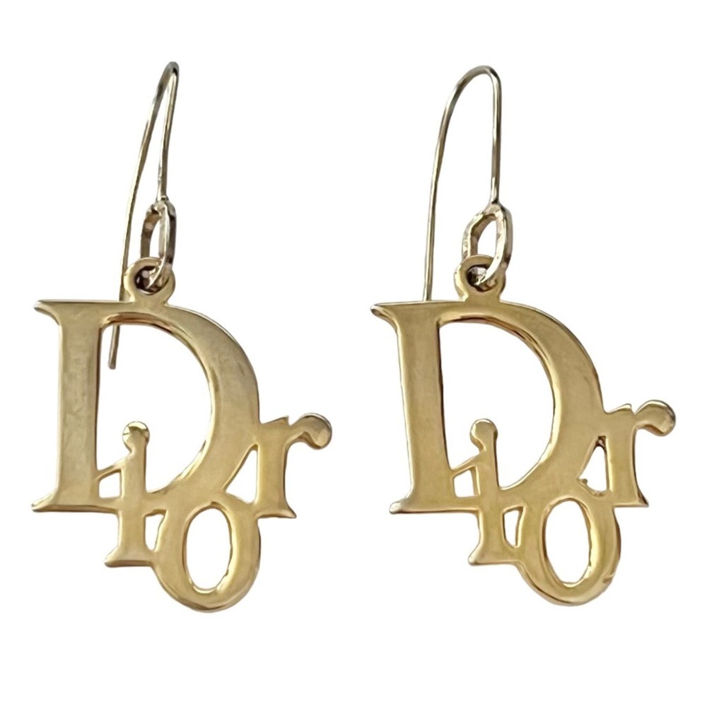 AUTH VTG Christian Dior Gold Dangle Hook Large Oblique Spellout Logo Earrings